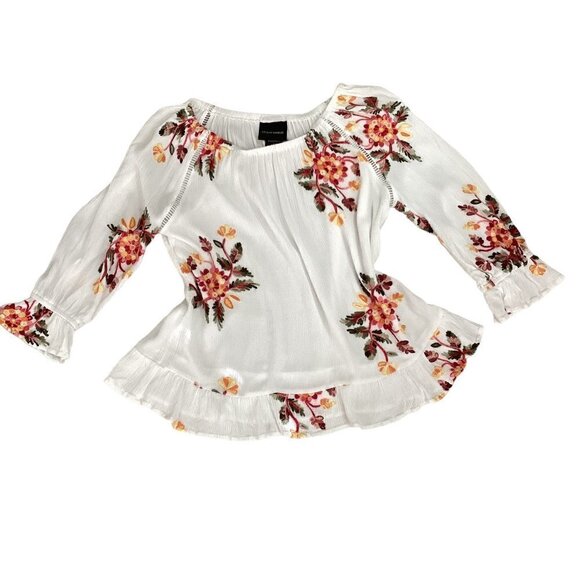Anthropologie Liv Los Angeles BOHO Peasant Top S Floral Embroidered White 174L - Picture 2 of 11